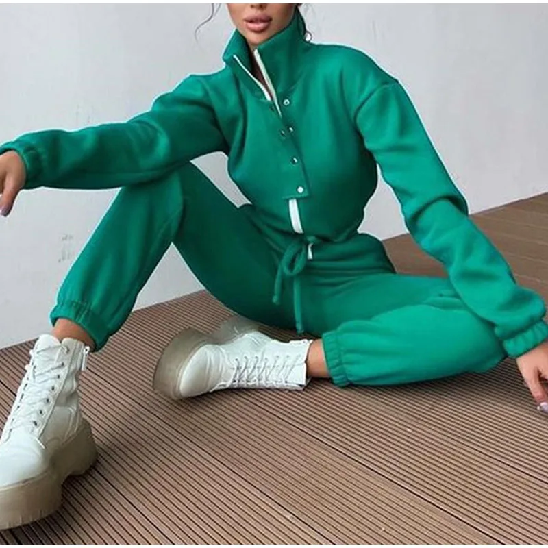 Casual Stand Collar Jumpsuits Women Autumn Winter Zipper One Piece Long Sleeve Outfit Solid Loose Drawstring Rompers Tracksuits