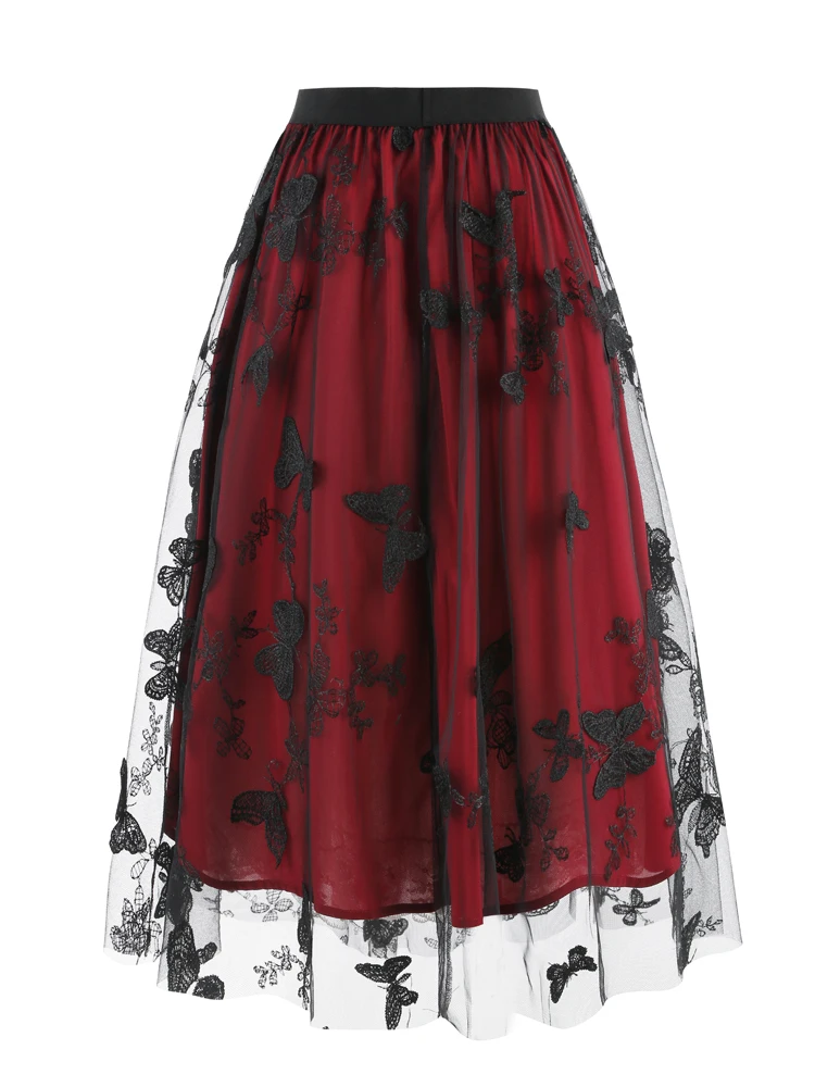 Tonval Elastic Waist Butterfly Embroidered Mesh Overlay Elegant Long Skirts for Women Vintage Midi Length Pleated Skirt