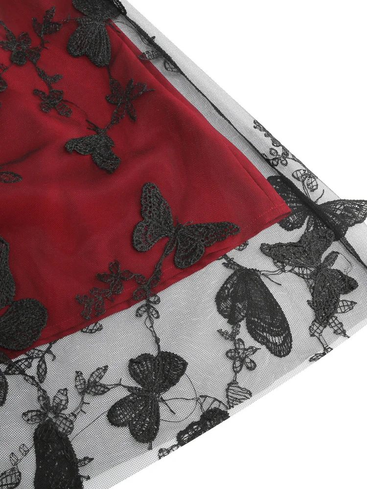 Tonval Elastic Waist Butterfly Embroidered Mesh Overlay Elegant Long Skirts for Women Vintage Midi Length Pleated Skirt