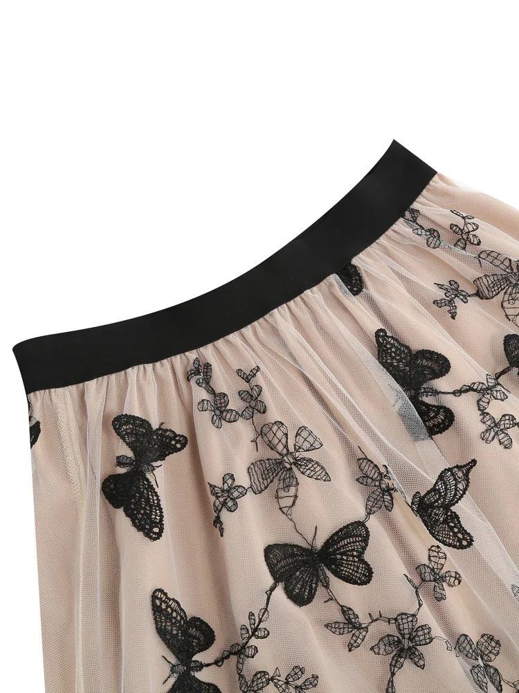 Tonval Elastic Waist Butterfly Embroidered Mesh Overlay Elegant Long Skirts for Women Vintage Midi Length Pleated Skirt