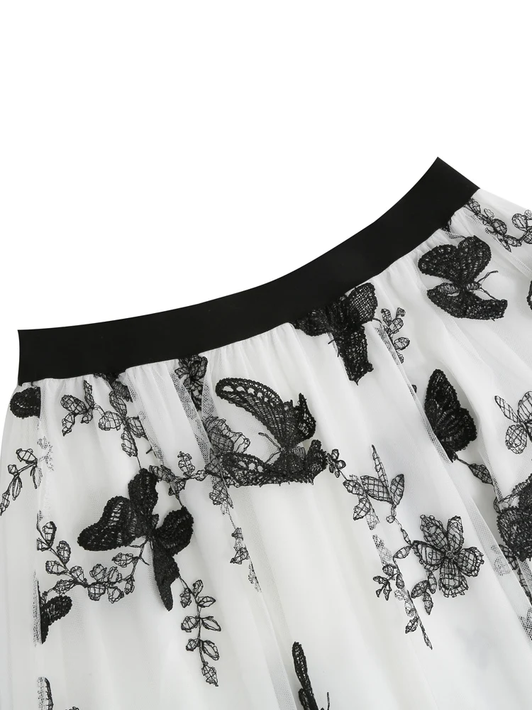 Tonval Elastic Waist Butterfly Embroidered Mesh Overlay Elegant Long Skirts for Women Vintage Midi Length Pleated Skirt