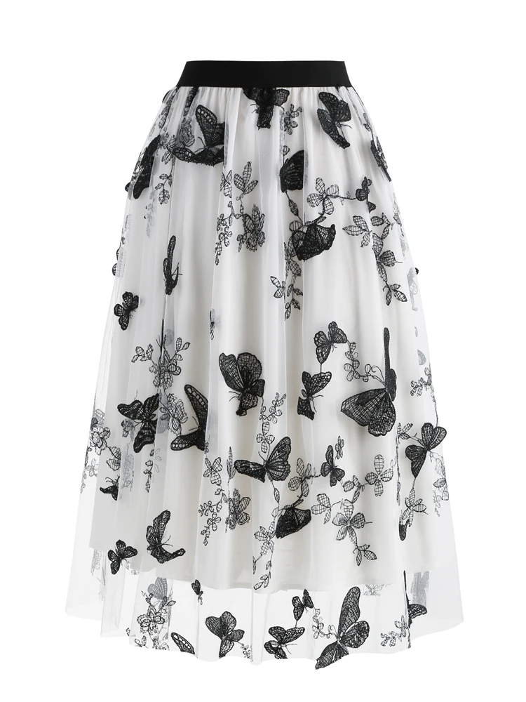 Tonval Elastic Waist Butterfly Embroidered Mesh Overlay Elegant Long Skirts for Women Vintage Midi Length Pleated Skirt