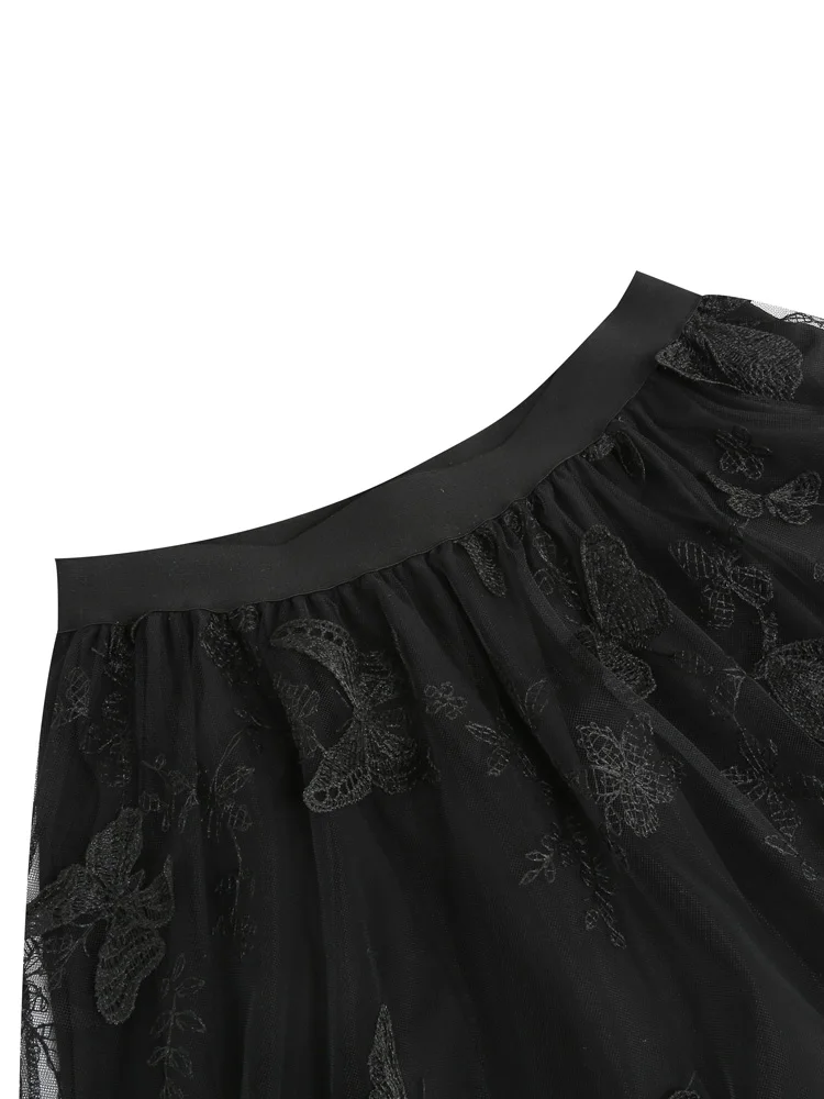 Tonval Elastic Waist Butterfly Embroidered Mesh Overlay Elegant Long Skirts for Women Vintage Midi Length Pleated Skirt