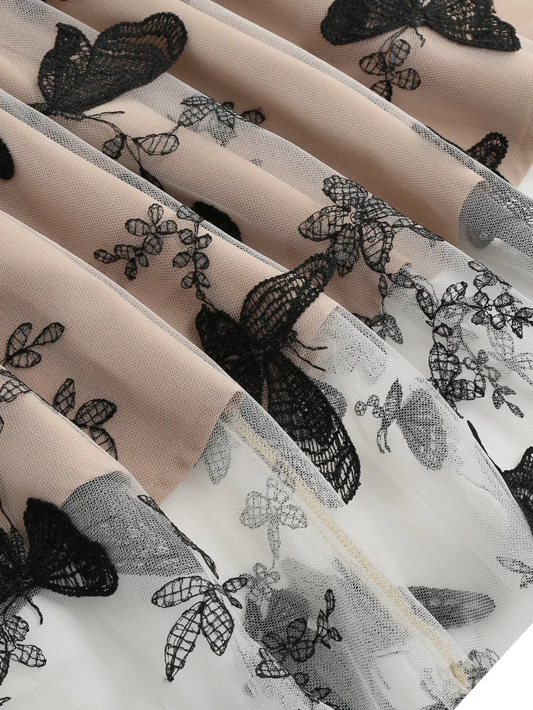 Tonval Elastic Waist Butterfly Embroidered Mesh Overlay Elegant Long Skirts for Women Vintage Midi Length Pleated Skirt