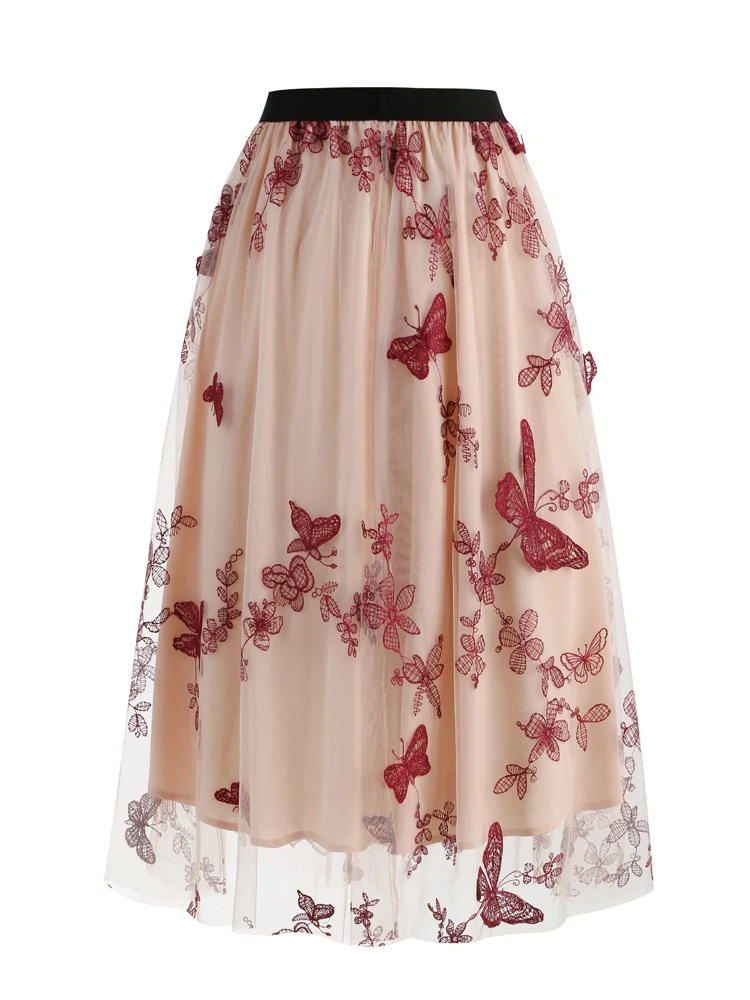 Tonval Elastic Waist Butterfly Embroidered Mesh Overlay Elegant Long Skirts for Women Vintage Midi Length Pleated Skirt