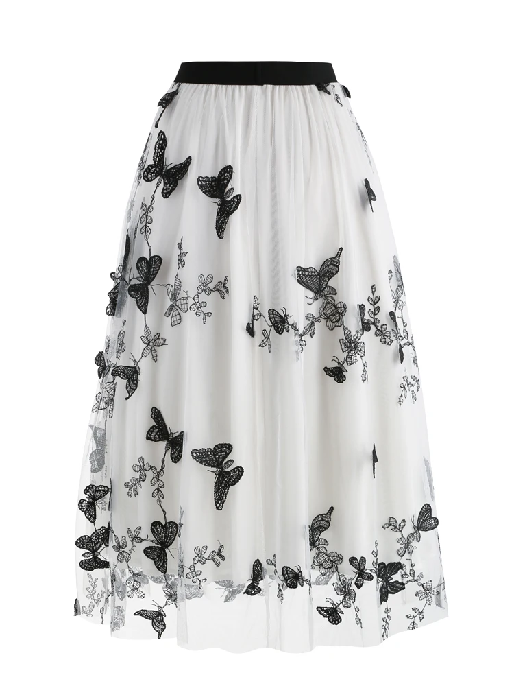 Tonval Elastic Waist Butterfly Embroidered Mesh Overlay Elegant Long Skirts for Women Vintage Midi Length Pleated Skirt