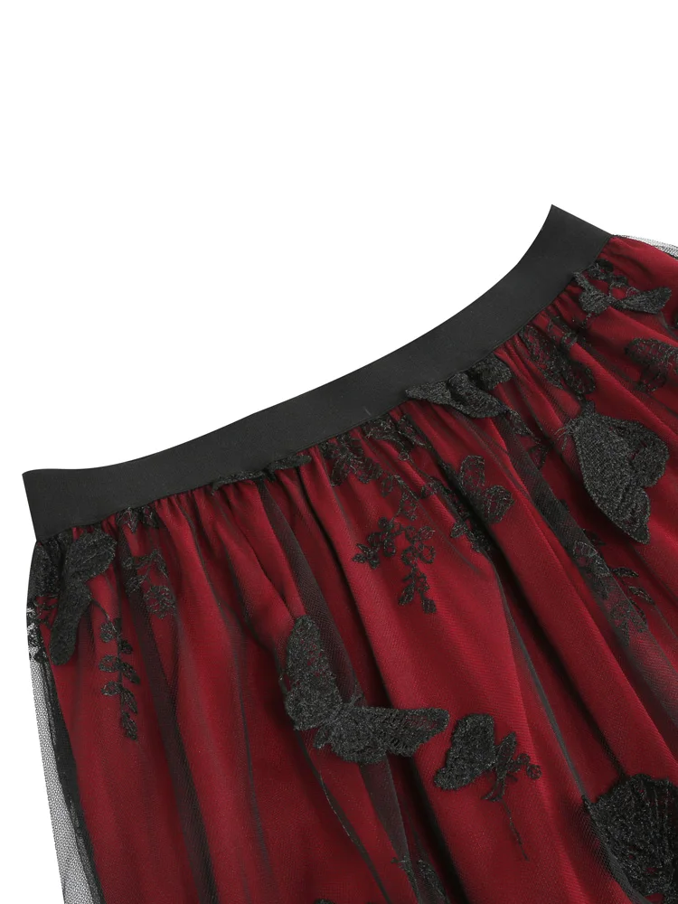 Tonval Elastic Waist Butterfly Embroidered Mesh Overlay Elegant Long Skirts for Women Vintage Midi Length Pleated Skirt