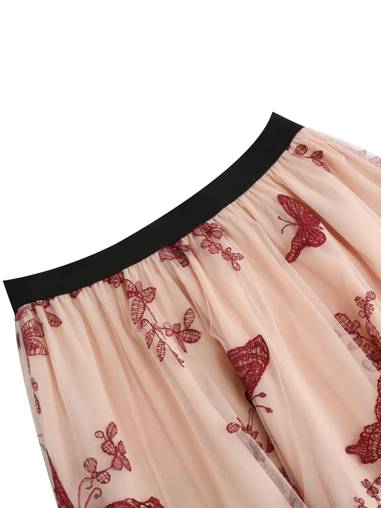 Tonval Elastic Waist Butterfly Embroidered Mesh Overlay Elegant Long Skirts for Women Vintage Midi Length Pleated Skirt