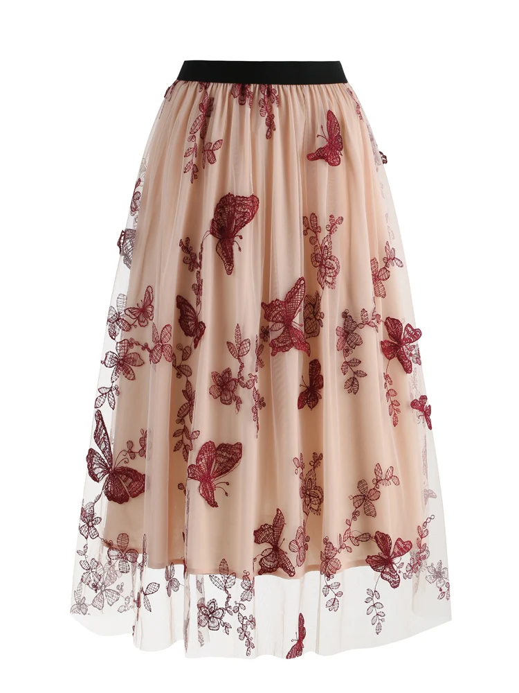 Tonval Elastic Waist Butterfly Embroidered Mesh Overlay Elegant Long Skirts for Women Vintage Midi Length Pleated Skirt
