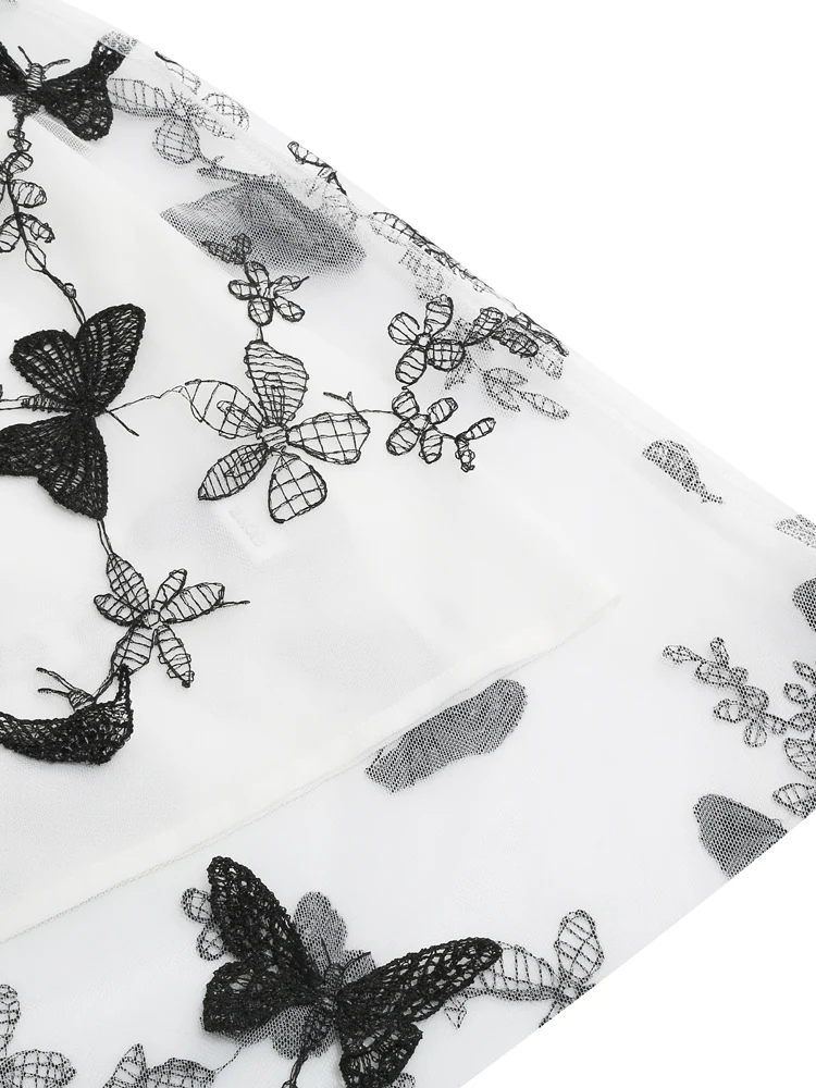 Tonval Elastic Waist Butterfly Embroidered Mesh Overlay Elegant Long Skirts for Women Vintage Midi Length Pleated Skirt