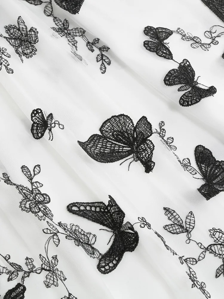 Tonval Elastic Waist Butterfly Embroidered Mesh Overlay Elegant Long Skirts for Women Vintage Midi Length Pleated Skirt