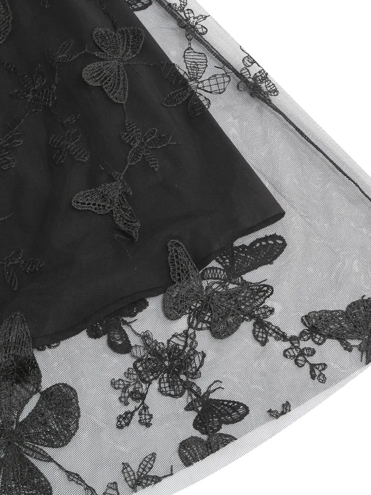 Tonval Elastic Waist Butterfly Embroidered Mesh Overlay Elegant Long Skirts for Women Vintage Midi Length Pleated Skirt
