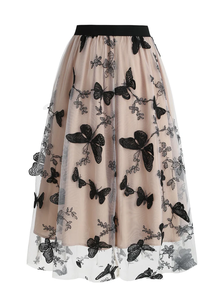 Tonval Elastic Waist Butterfly Embroidered Mesh Overlay Elegant Long Skirts for Women Vintage Midi Length Pleated Skirt