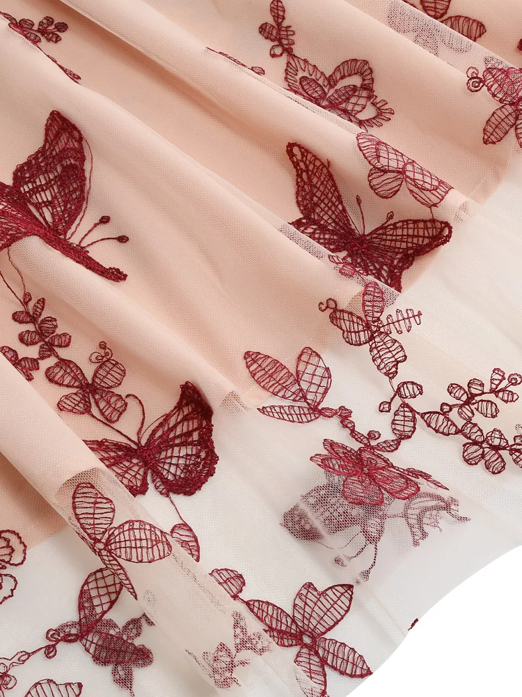 Tonval Elastic Waist Butterfly Embroidered Mesh Overlay Elegant Long Skirts for Women Vintage Midi Length Pleated Skirt