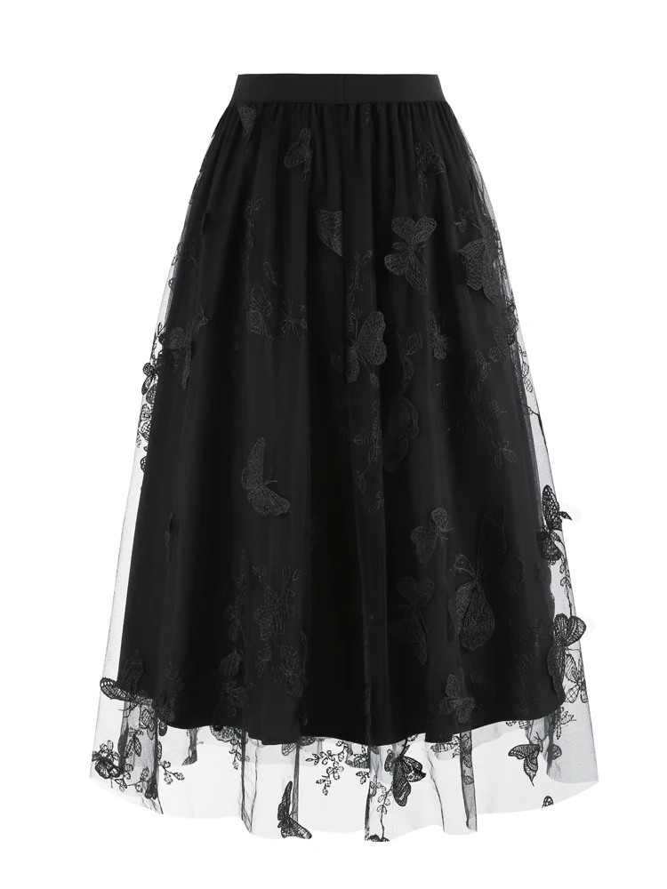 Tonval Elastic Waist Butterfly Embroidered Mesh Overlay Elegant Long Skirts for Women Vintage Midi Length Pleated Skirt