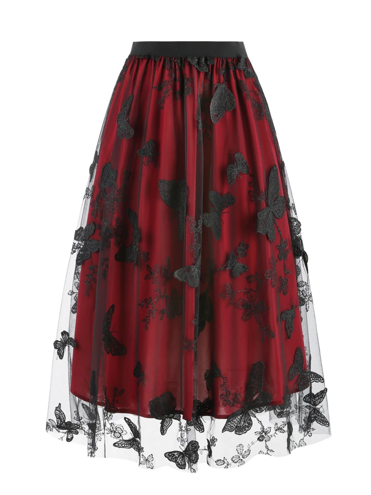 Tonval Elastic Waist Butterfly Embroidered Mesh Overlay Elegant Long Skirts for Women Vintage Midi Length Pleated Skirt