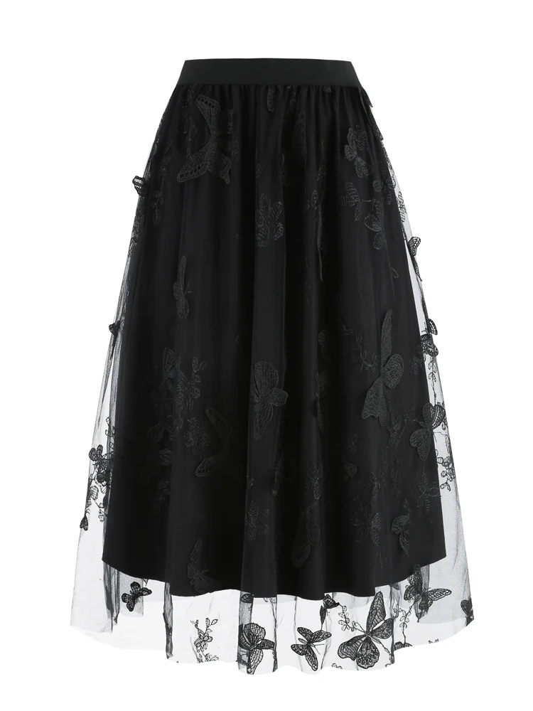 Tonval Elastic Waist Butterfly Embroidered Mesh Overlay Elegant Long Skirts for Women Vintage Midi Length Pleated Skirt