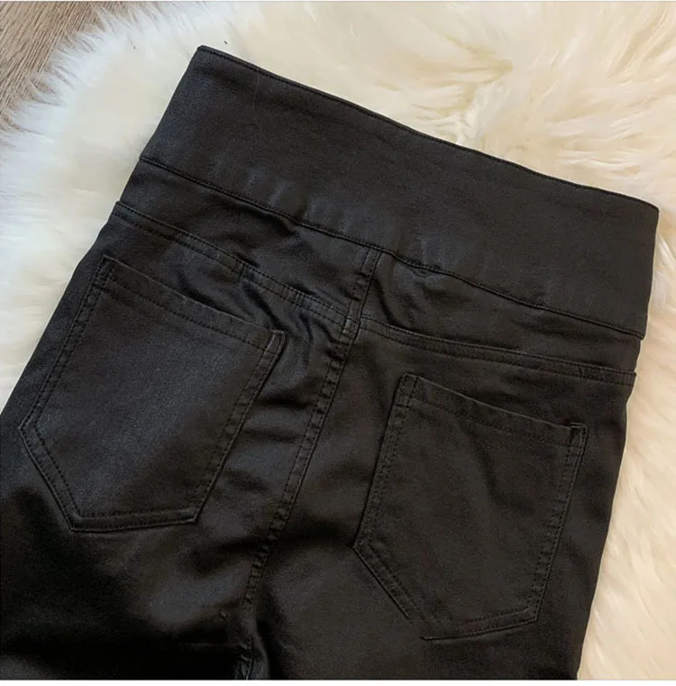 Women PU Leather Pants Chain 2022 New Autumn High Waist Pants Faux Leather Skinny Pencil Pant Tight Trousers Black