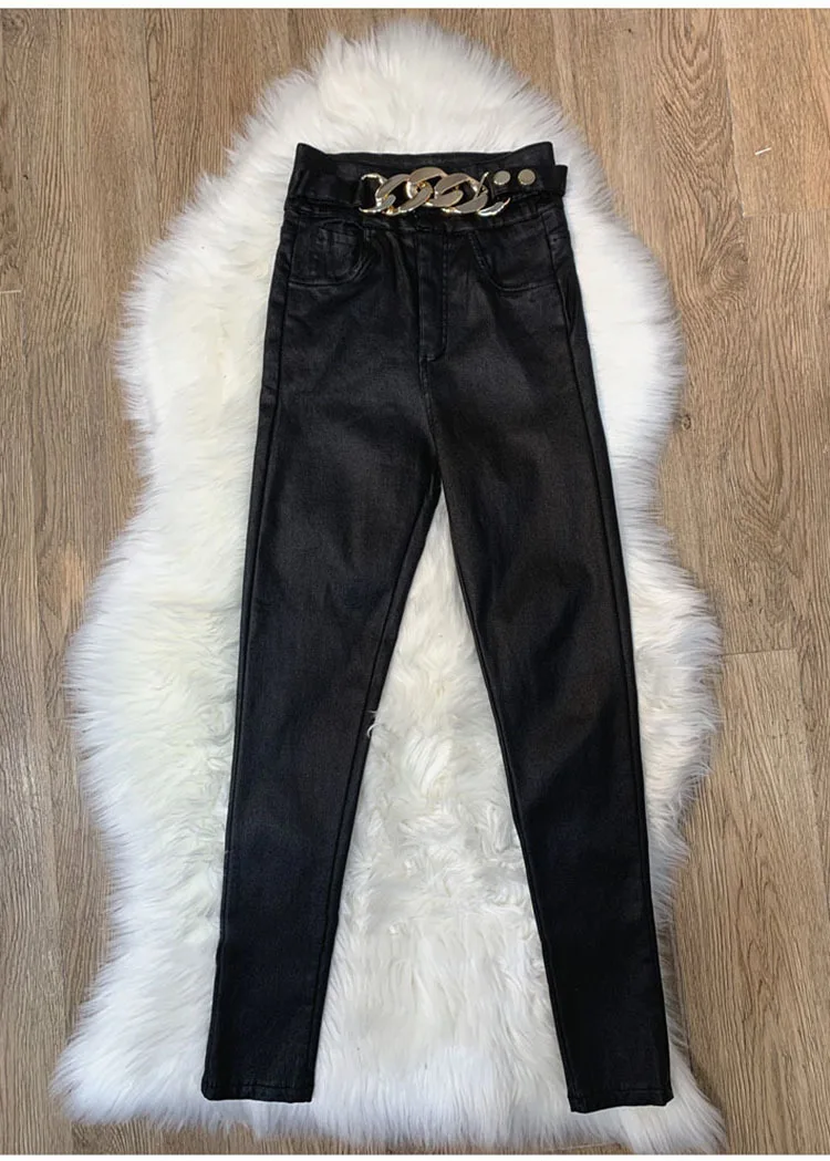 Women PU Leather Pants Chain 2022 New Autumn High Waist Pants Faux Leather Skinny Pencil Pant Tight Trousers Black