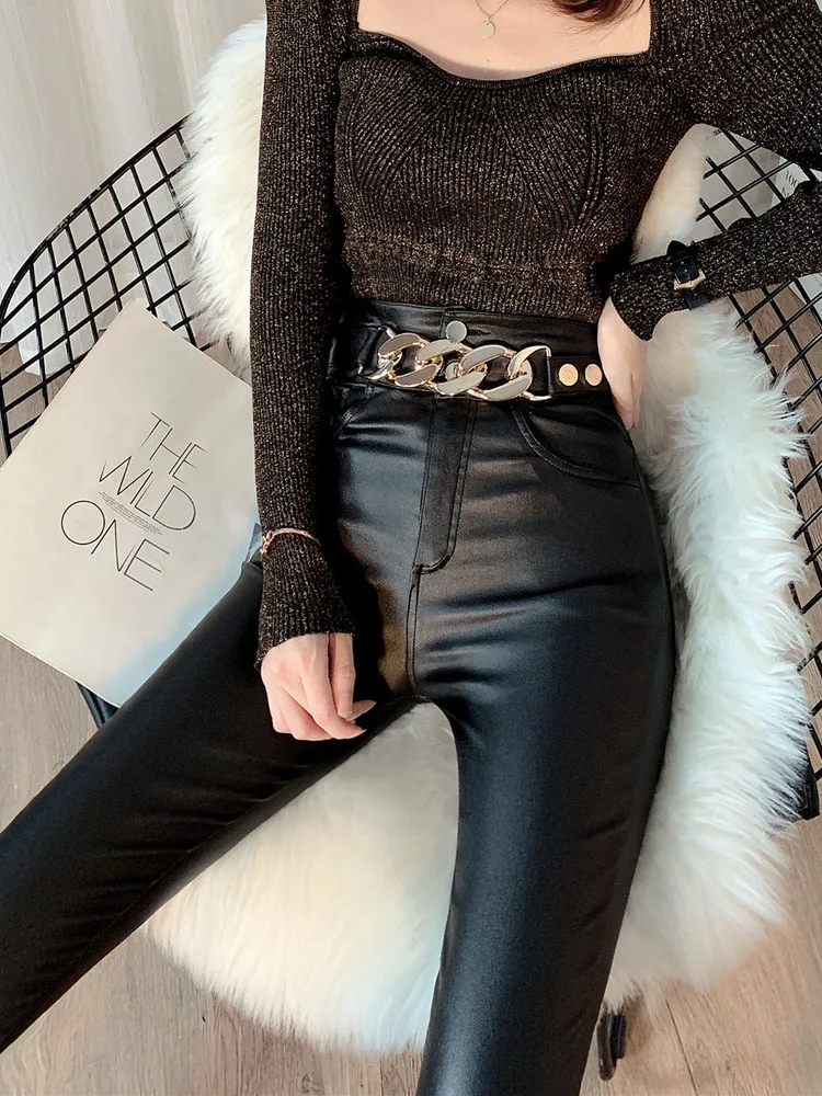 Women PU Leather Pants Chain 2022 New Autumn High Waist Pants Faux Leather Skinny Pencil Pant Tight Trousers Black