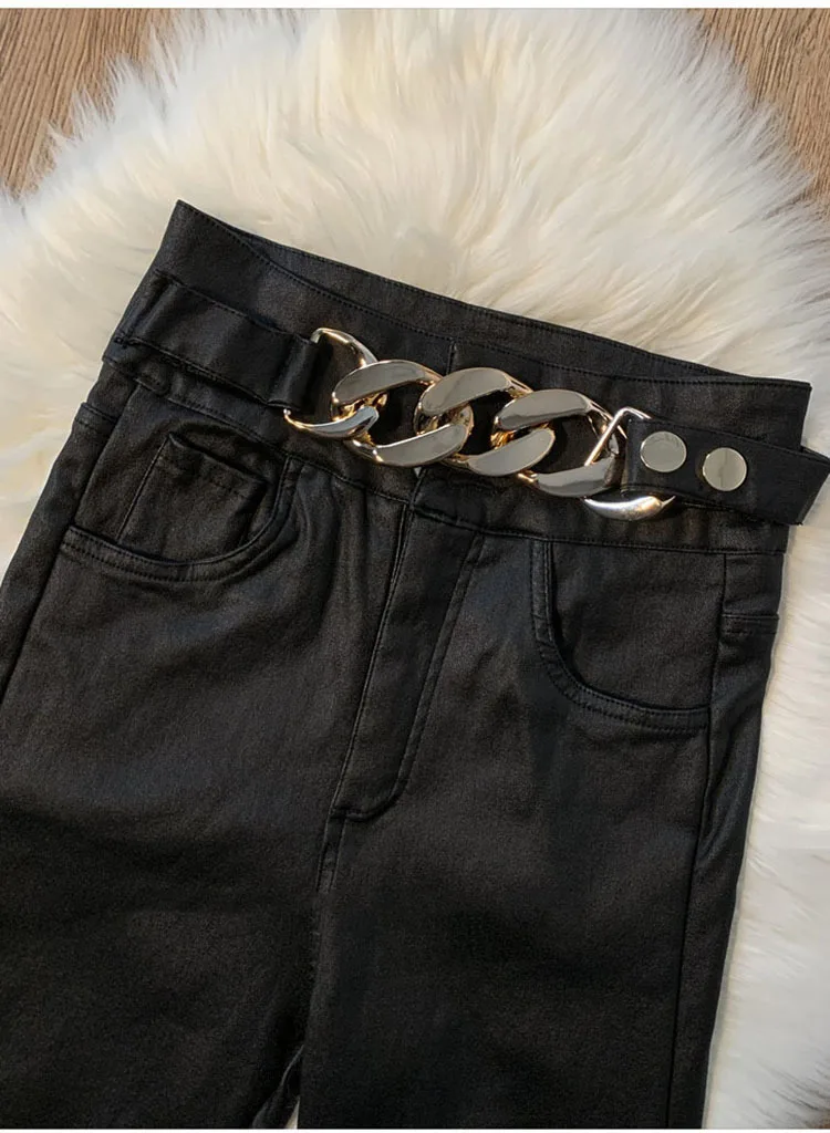 Women PU Leather Pants Chain 2022 New Autumn High Waist Pants Faux Leather Skinny Pencil Pant Tight Trousers Black