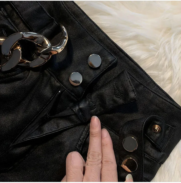 Women PU Leather Pants Chain 2022 New Autumn High Waist Pants Faux Leather Skinny Pencil Pant Tight Trousers Black