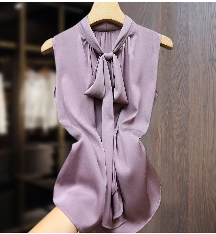 Fashion Ice Silk Top Pink Acetate Satin Shirts Plus Size Blusas Mujer De Verano Lace Up Bow Tie Sexy Elegant Chiffon Blouse