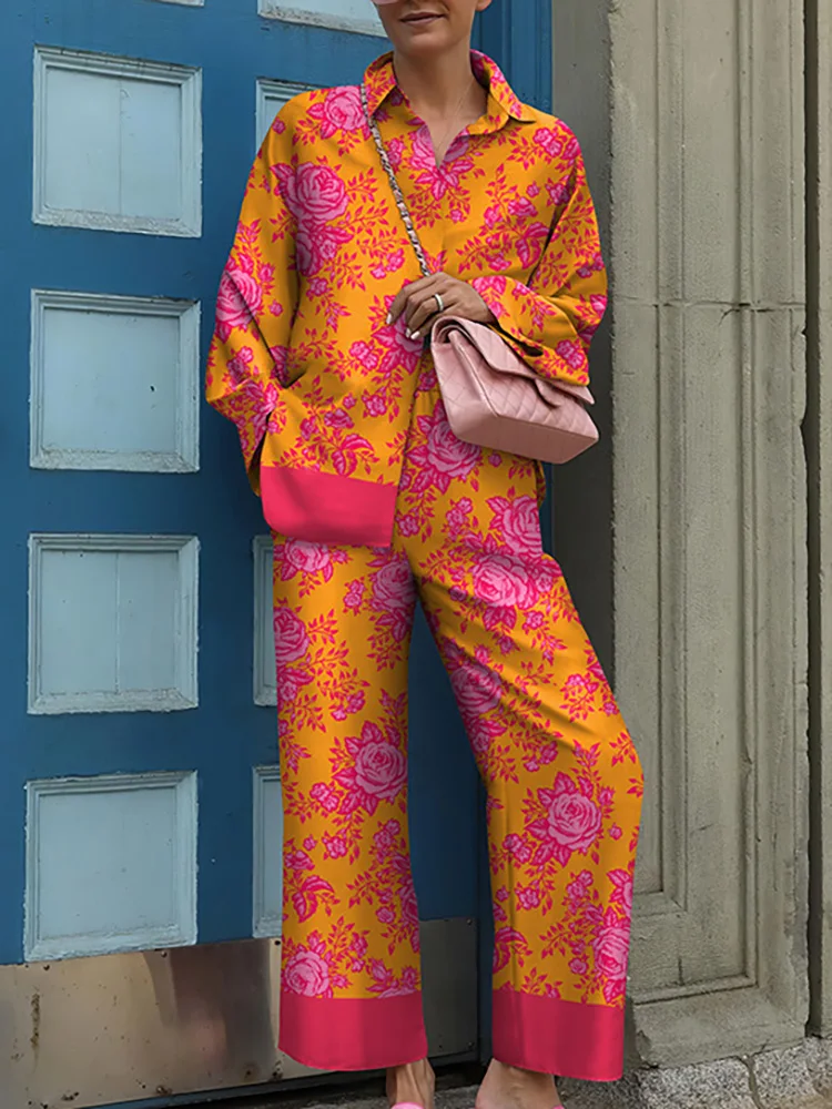 New Streetwear Women Trousers Suit 2025 Spring Autumn Vintage Two Pieces Set Elegant Female Long Sleeve Printed Loose Tracksuit