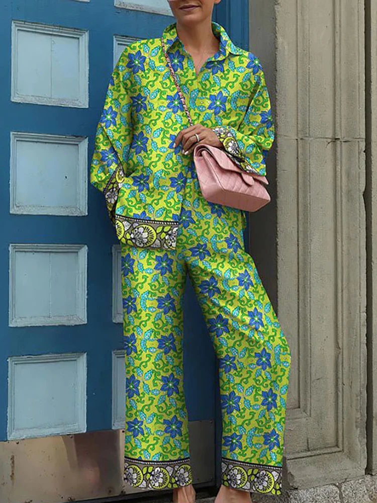 New Streetwear Women Trousers Suit 2025 Spring Autumn Vintage Two Pieces Set Elegant Female Long Sleeve Printed Loose Tracksuit
