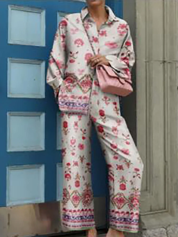 New Streetwear Women Trousers Suit 2025 Spring Autumn Vintage Two Pieces Set Elegant Female Long Sleeve Printed Loose Tracksuit