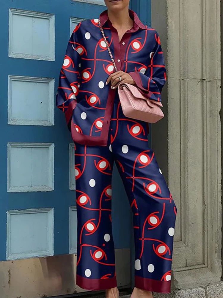 New Streetwear Women Trousers Suit 2025 Spring Autumn Vintage Two Pieces Set Elegant Female Long Sleeve Printed Loose Tracksuit