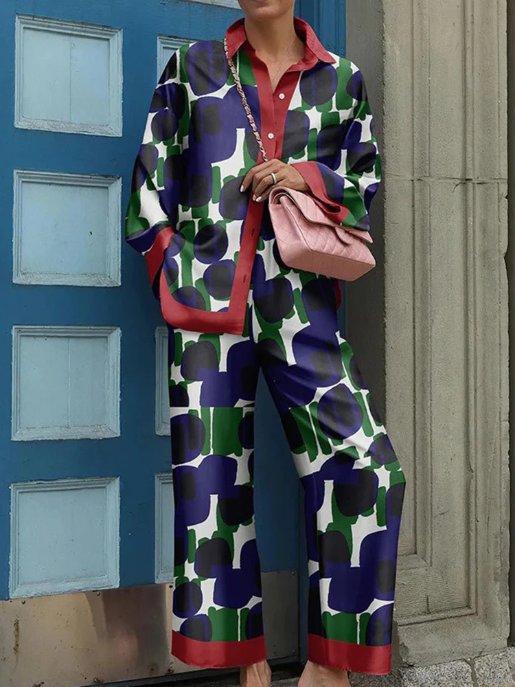 New Streetwear Women Trousers Suit 2025 Spring Autumn Vintage Two Pieces Set Elegant Female Long Sleeve Printed Loose Tracksuit