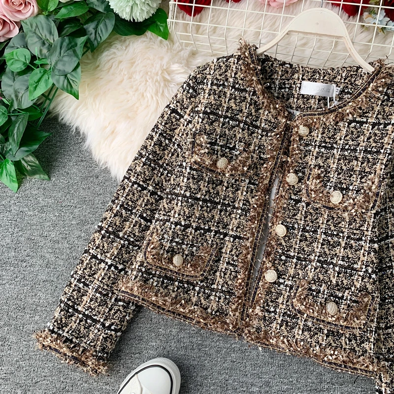 New Autumn Winter Vintage Tweed Jacket Coat Women Small Fragrance Patchwork Korean Woollen Cropped Coats Elegant Short Outerwear