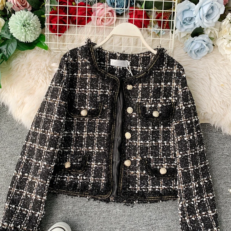 New Autumn Winter Vintage Tweed Jacket Coat Women Small Fragrance Patchwork Korean Woollen Cropped Coats Elegant Short Outerwear