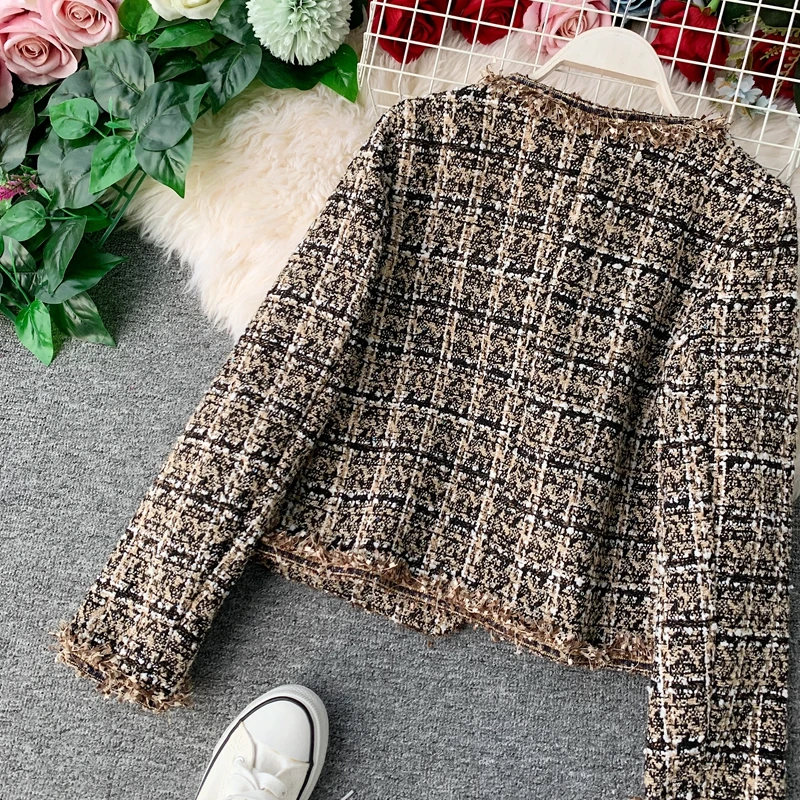 New Autumn Winter Vintage Tweed Jacket Coat Women Small Fragrance Patchwork Korean Woollen Cropped Coats Elegant Short Outerwear