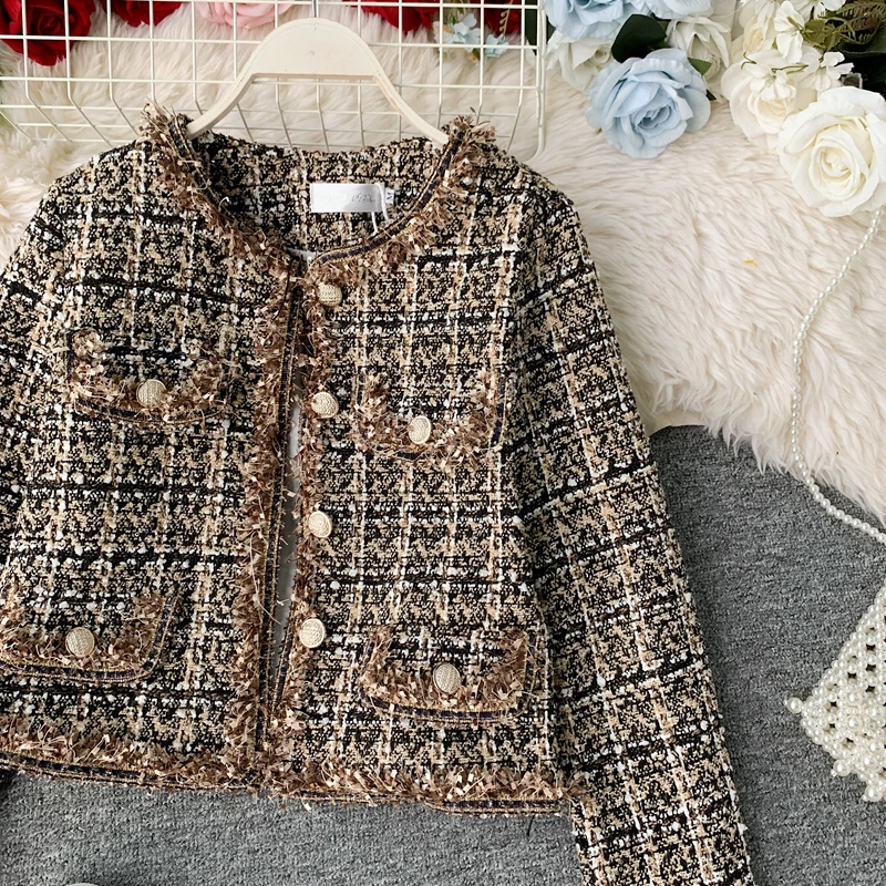 New Autumn Winter Vintage Tweed Jacket Coat Women Small Fragrance Patchwork Korean Woollen Cropped Coats Elegant Short Outerwear