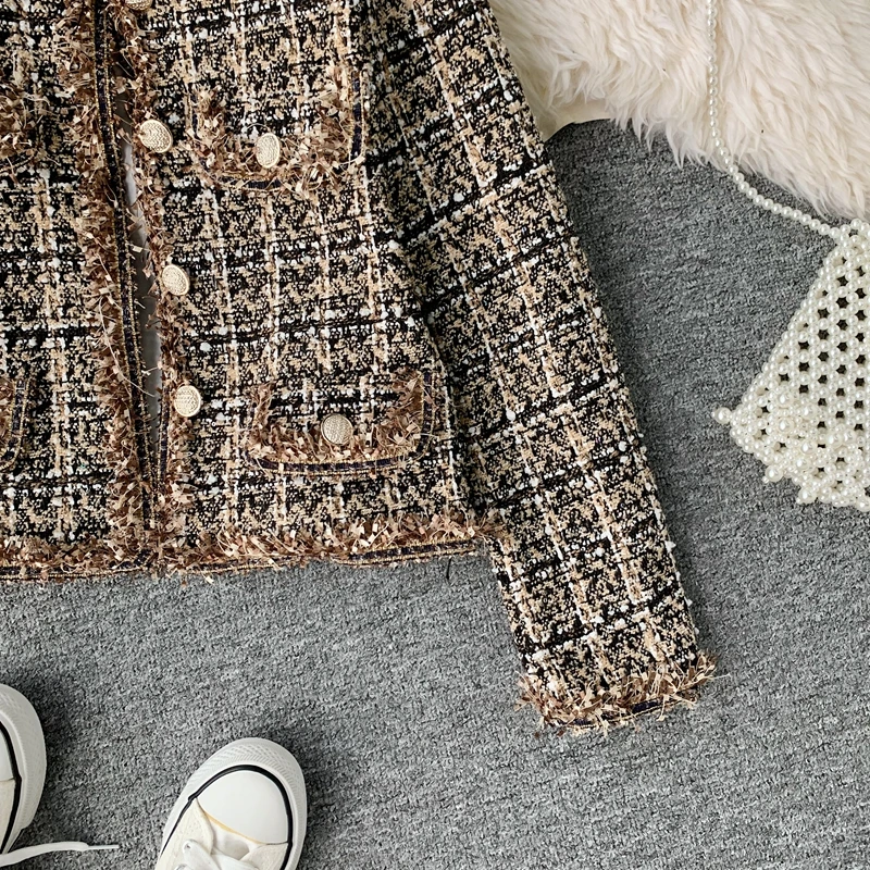 New Autumn Winter Vintage Tweed Jacket Coat Women Small Fragrance Patchwork Korean Woollen Cropped Coats Elegant Short Outerwear