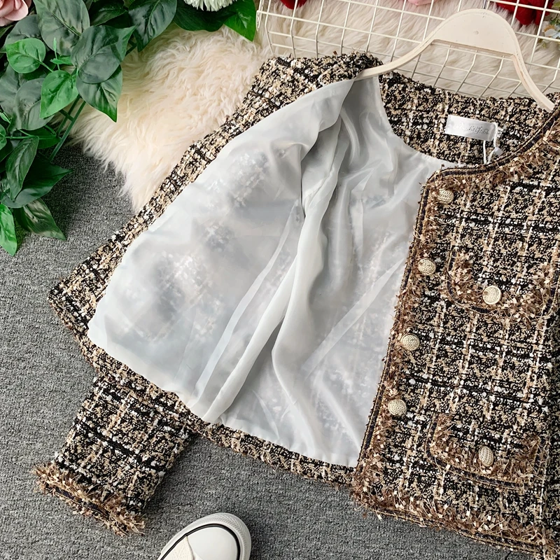 New Autumn Winter Vintage Tweed Jacket Coat Women Small Fragrance Patchwork Korean Woollen Cropped Coats Elegant Short Outerwear
