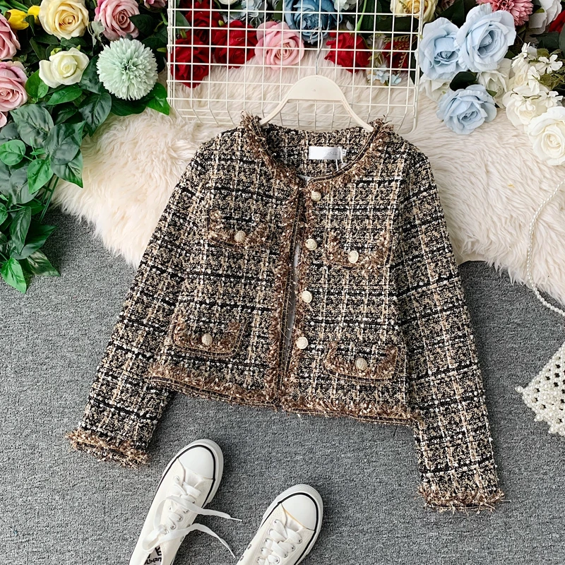 New Autumn Winter Vintage Tweed Jacket Coat Women Small Fragrance Patchwork Korean Woollen Cropped Coats Elegant Short Outerwear