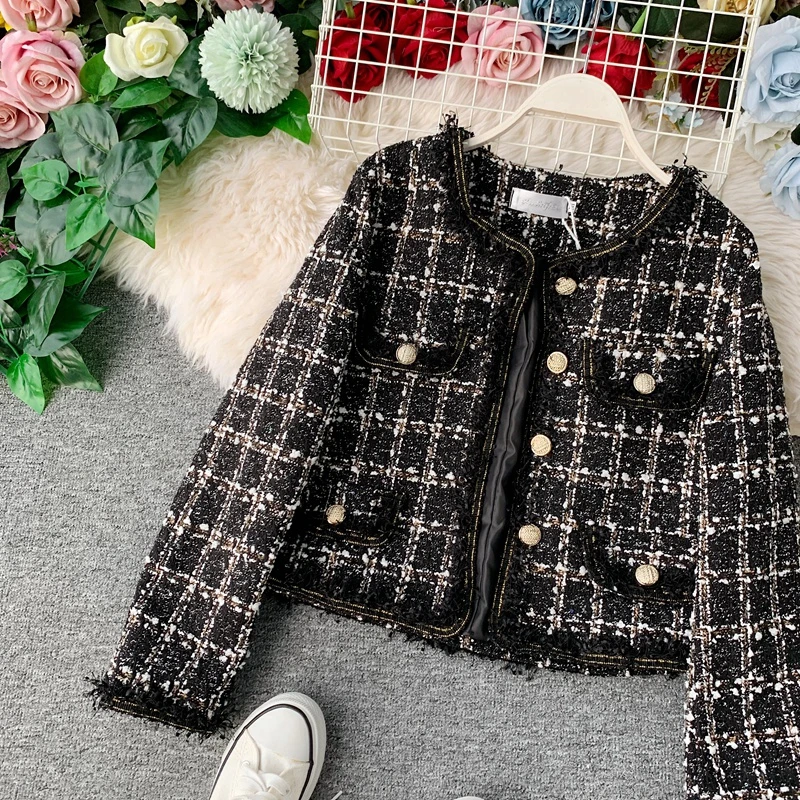 New Autumn Winter Vintage Tweed Jacket Coat Women Small Fragrance Patchwork Korean Woollen Cropped Coats Elegant Short Outerwear