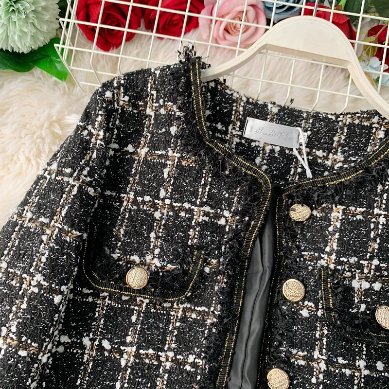 New Autumn Winter Vintage Tweed Jacket Coat Women Small Fragrance Patchwork Korean Woollen Cropped Coats Elegant Short Outerwear
