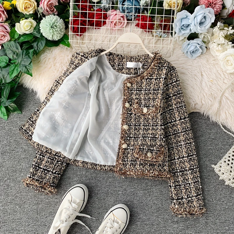 New Autumn Winter Vintage Tweed Jacket Coat Women Small Fragrance Patchwork Korean Woollen Cropped Coats Elegant Short Outerwear