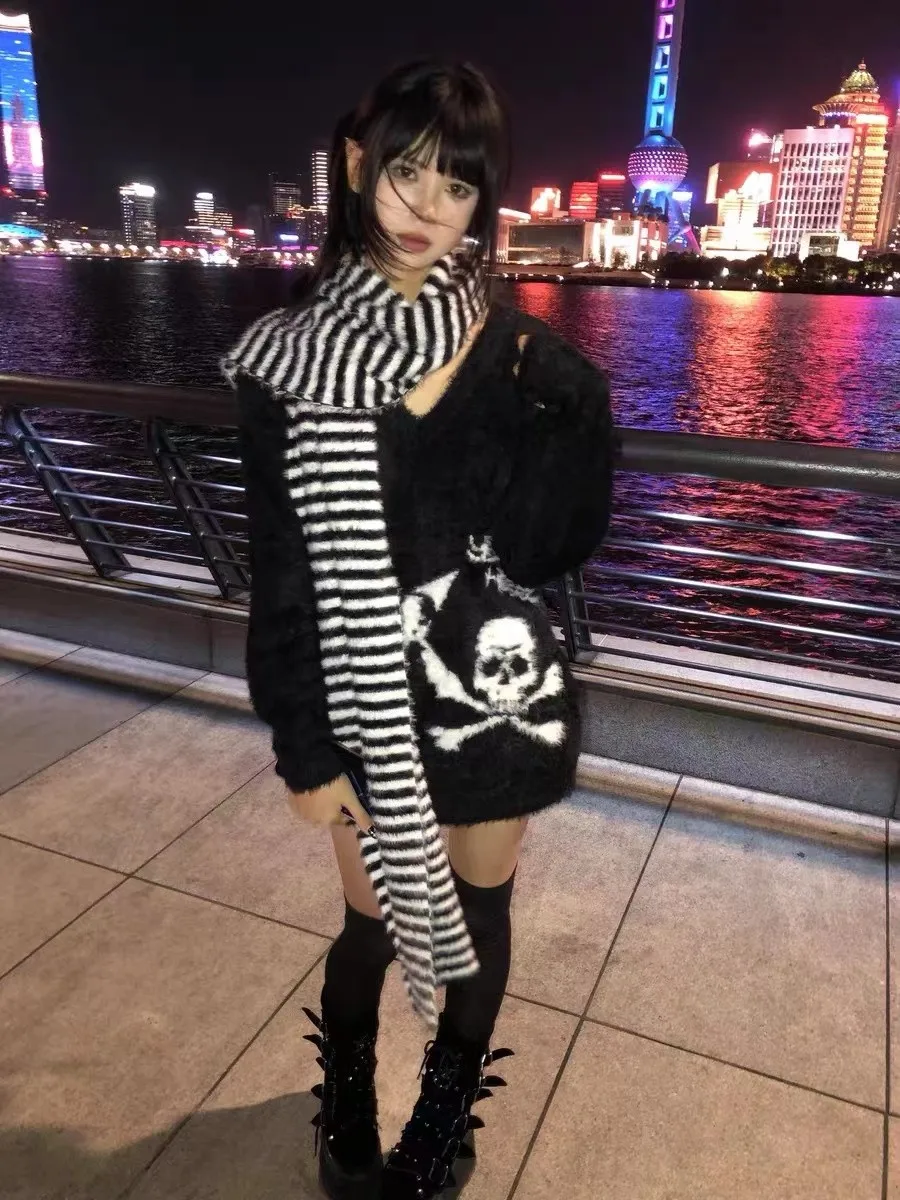 Karrram Gothic Skulls Sweater Grunge Dark Aesthetics Knitted Jumper V-neck Harajuku Loose Mohair Pullover Emo Alt Knitwear Y2k