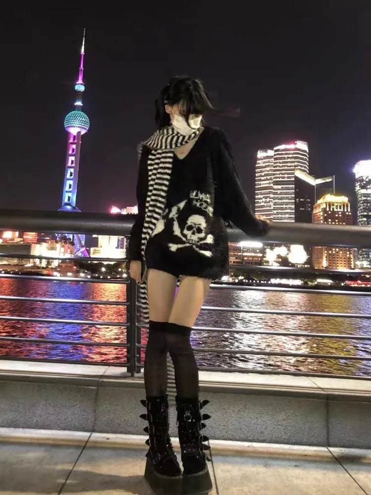 Karrram Gothic Skulls Sweater Grunge Dark Aesthetics Knitted Jumper V-neck Harajuku Loose Mohair Pullover Emo Alt Knitwear Y2k