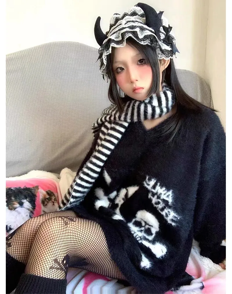 Karrram Gothic Skulls Sweater Grunge Dark Aesthetics Knitted Jumper V-neck Harajuku Loose Mohair Pullover Emo Alt Knitwear Y2k