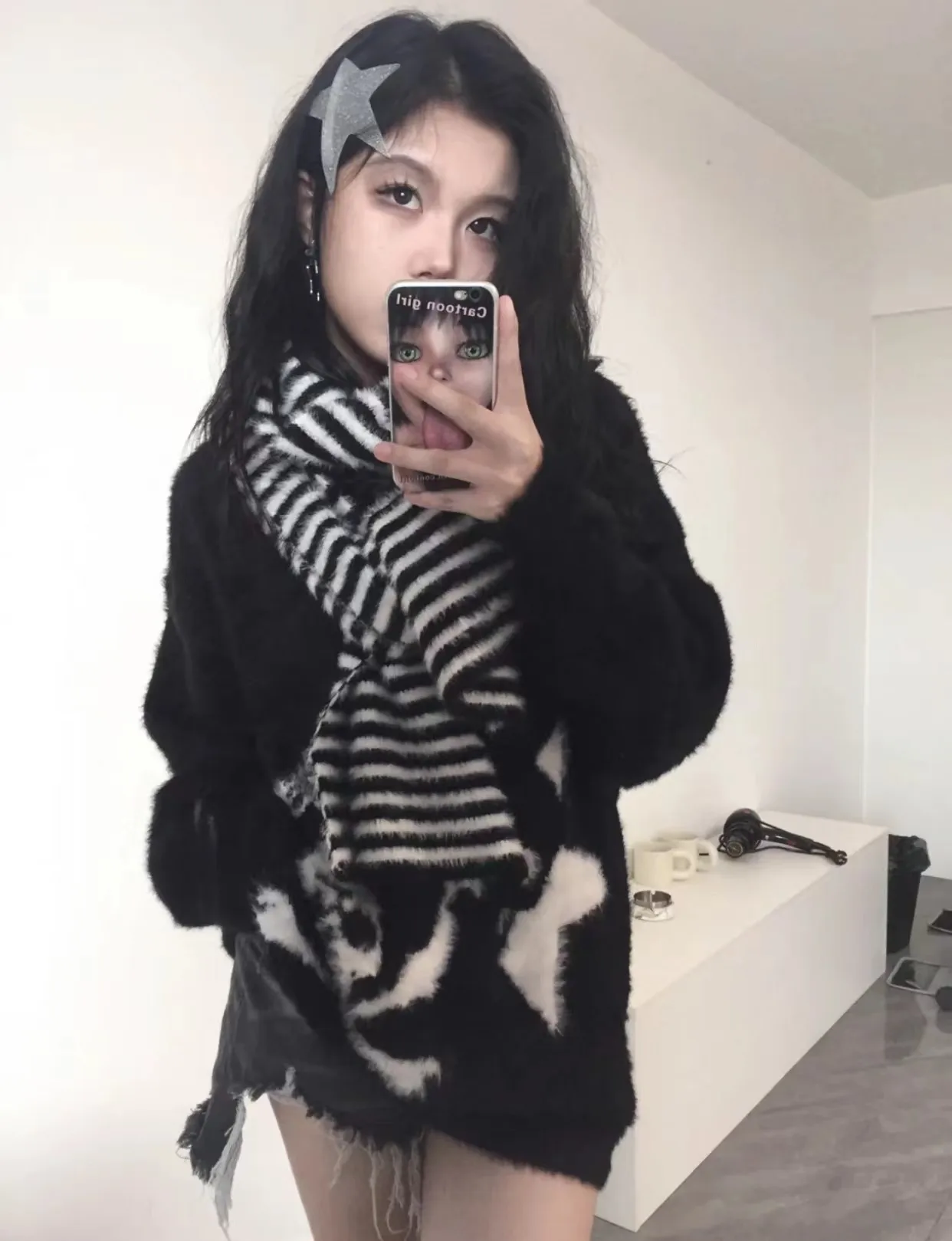 Karrram Gothic Skulls Sweater Grunge Dark Aesthetics Knitted Jumper V-neck Harajuku Loose Mohair Pullover Emo Alt Knitwear Y2k