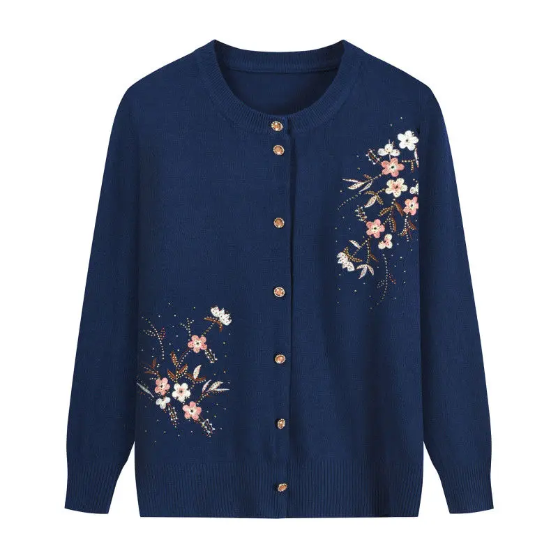 Spring Autumn Thin Knit Cardigan Jackets Grandma Embroidered Long Sleeve Sweater Outerwear Plus Size Short All-match Women's Top