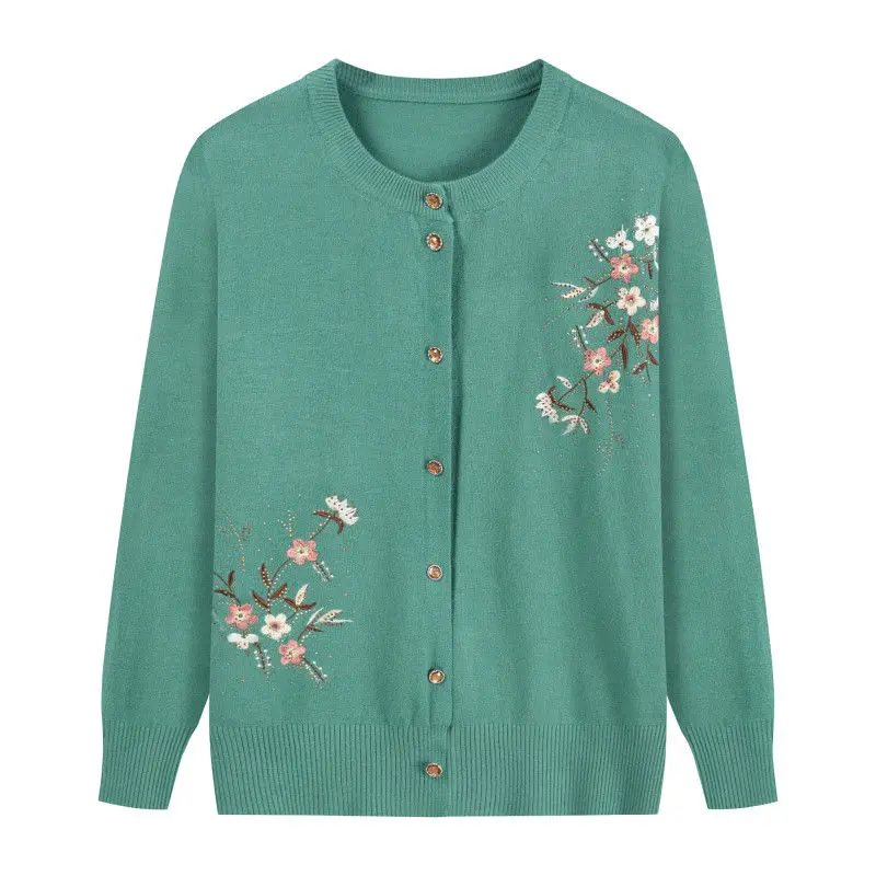 Spring Autumn Thin Knit Cardigan Jackets Grandma Embroidered Long Sleeve Sweater Outerwear Plus Size Short All-match Women's Top