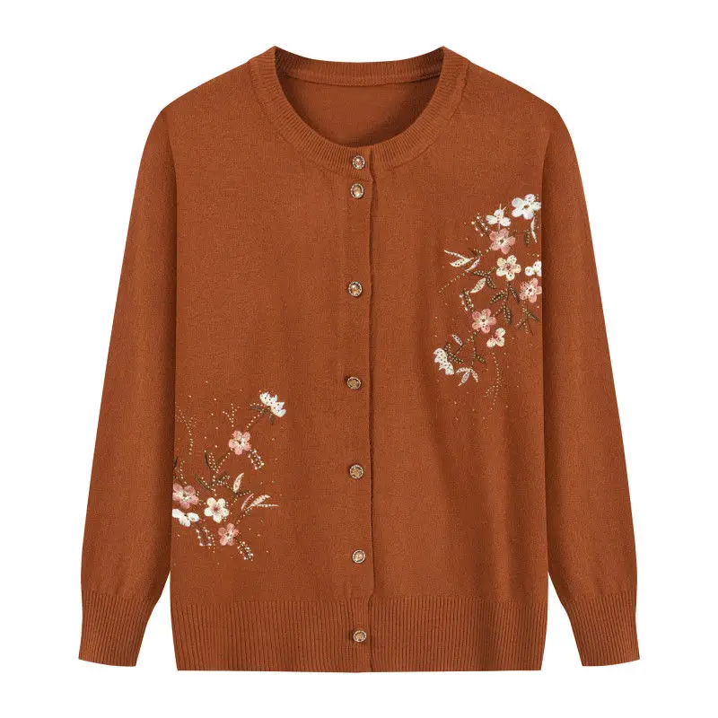 Spring Autumn Thin Knit Cardigan Jackets Grandma Embroidered Long Sleeve Sweater Outerwear Plus Size Short All-match Women's Top