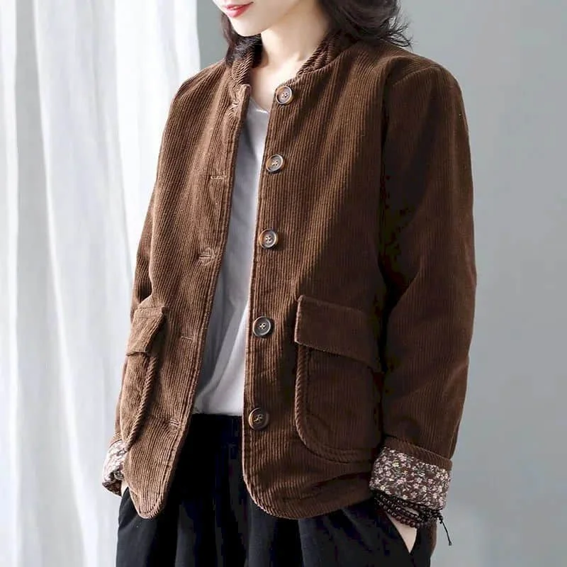 Corduroy Parka Women Autumn Winter Trend Short Warm Coats Cotton Clothes Stand Collar Vintage Single Breasted Jacket Womens Coat